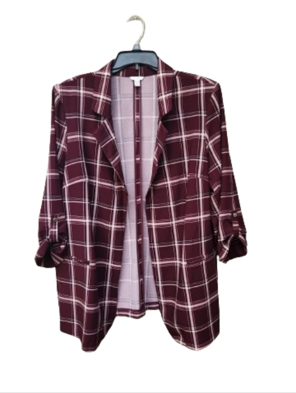 Cato Est. 1946 Plus Deep Red Plaid Blazer 3/4 Sleeve Open Front Lightweight